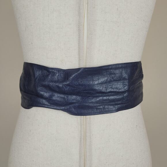 VTG Blue Leather Belt Small Wide Waist Sculptural Buckle Statement 80s Sash main image 4